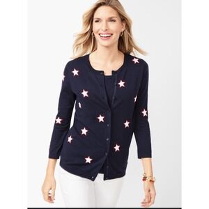 Talbots Charming Cardigan Women's Star Print Sweater 3/4 Sleeve Size L Navy Blue